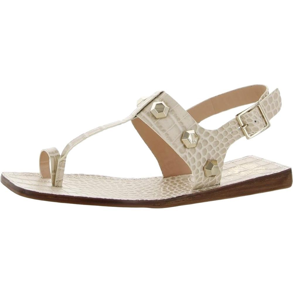 Vince Camuto Flat Sandals 8 Croc Embossed Studded Toe Ring Resort Cream Dailette